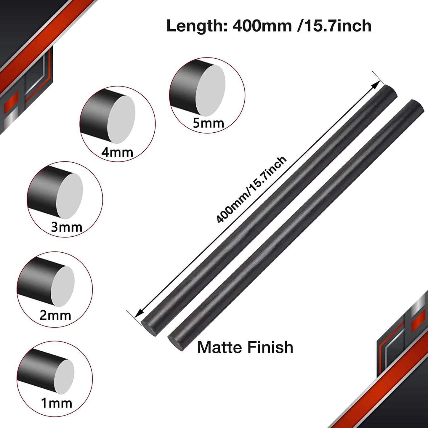 FANCYWING 400MMX 1.0MM 1.5MM 2.0MM 2.5MM 3.0MM 4.0MM 5.0MM 5 PCS Carbon Fiber Rod for RC Airplane DIY Craft 4mm Matte Pole 400mm