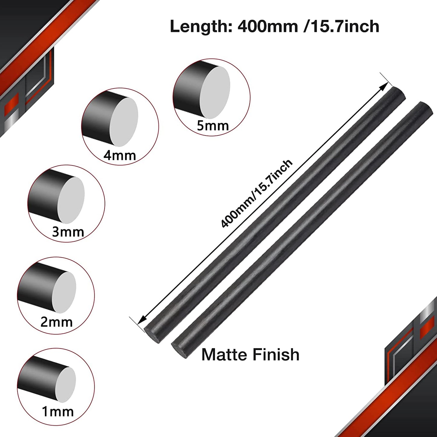 FANCYWING 400MMX 1.0MM to 10.0MM Carbon Fiber Rod (5 PCS)