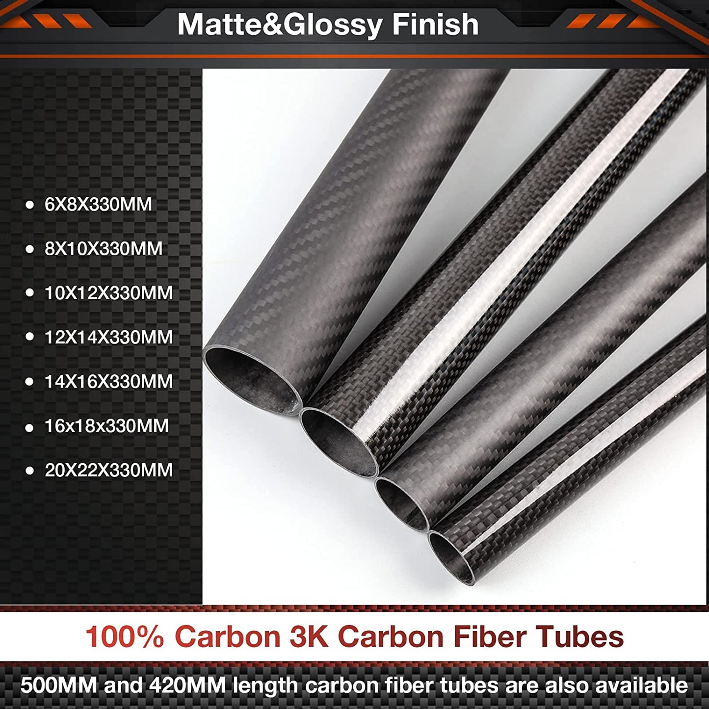 FANCYWING 330mm 14mm x 16mm x 330mm Carbon Fiber Tubes Glossy Surface 3K Roll Wrapped 100% Pure for Quadcopter Multicopter (4PCS) …