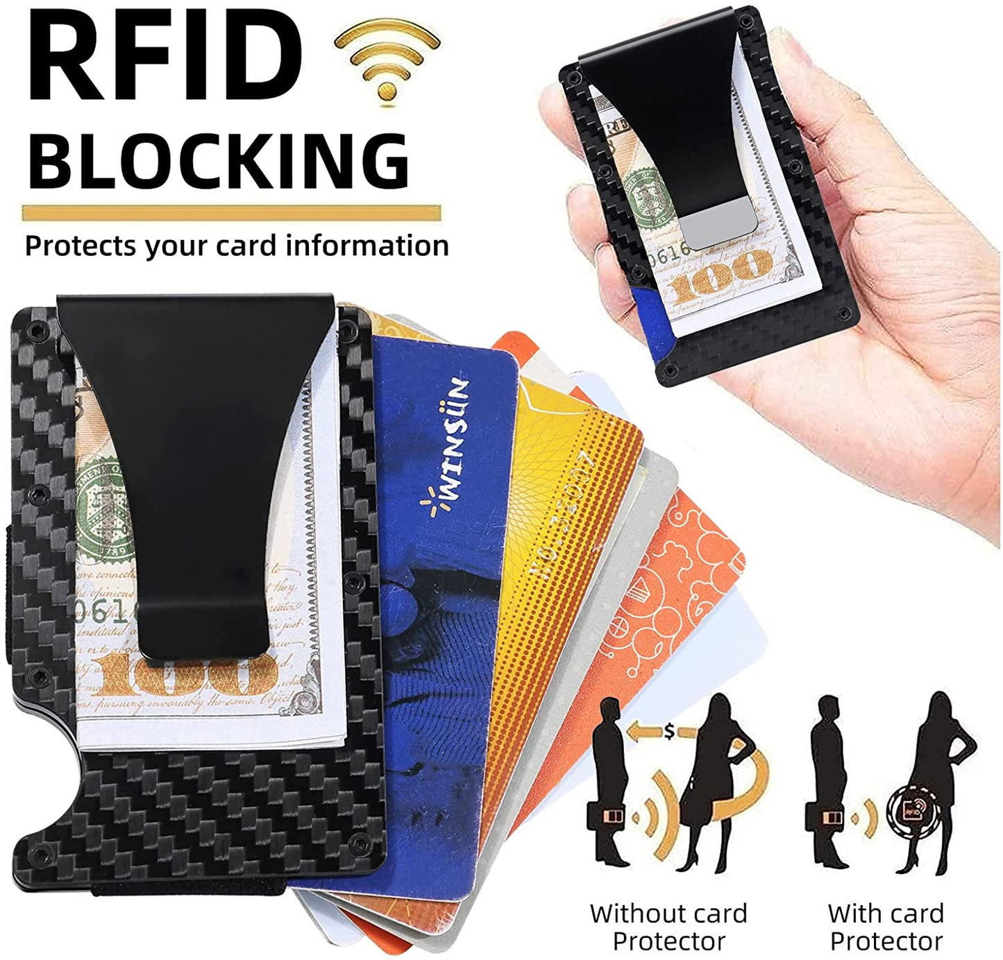 Carbon Fiber Minimalist Wallets for Men, Slim Metal Rfid Wallets with Money Clip, Credit Card Holder Wallet, Gift for Men